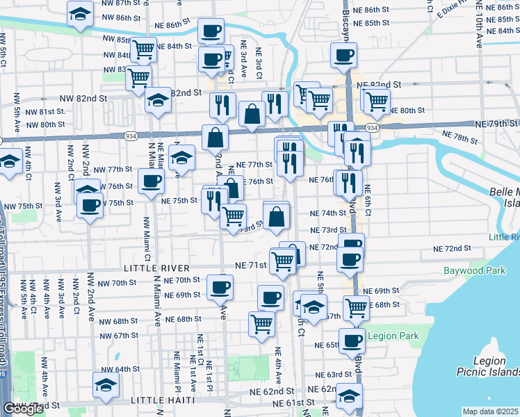 map of restaurants, bars, coffee shops, grocery stores, and more near 340 Northeast 75th Street in Miami