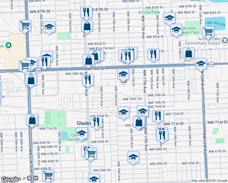 map of restaurants, bars, coffee shops, grocery stores, and more near 1895 Northwest 75th Street in Miami