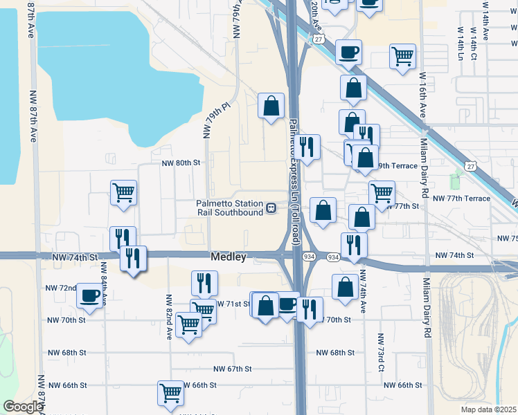 map of restaurants, bars, coffee shops, grocery stores, and more near 7701 NW 79th Ave in Medley