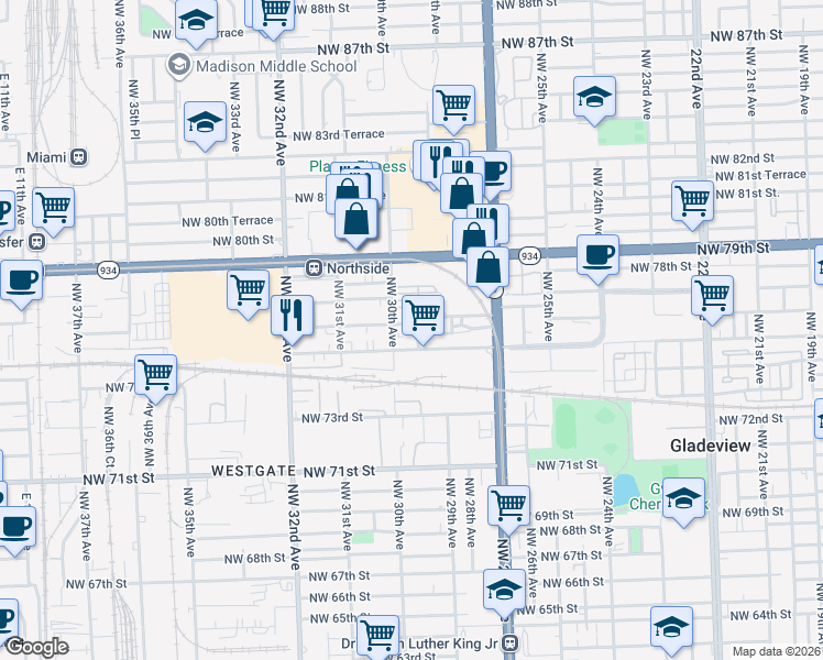 map of restaurants, bars, coffee shops, grocery stores, and more near 2987 Northwest 75th Street in Miami