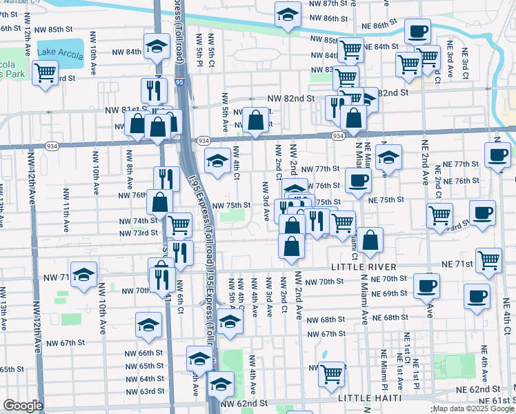 map of restaurants, bars, coffee shops, grocery stores, and more near 350 Northwest 75th Street in Miami