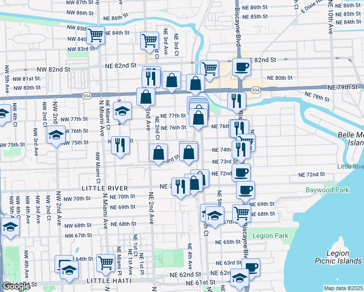 map of restaurants, bars, coffee shops, grocery stores, and more near 340 Northeast 75th Street in Miami