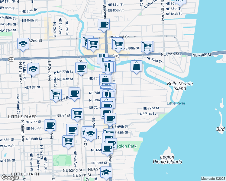 map of restaurants, bars, coffee shops, grocery stores, and more near 31 Northeast 74th Street in Miami