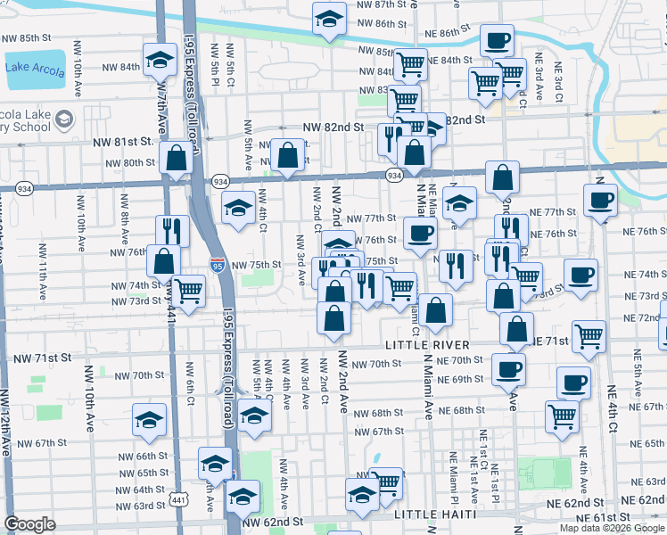 map of restaurants, bars, coffee shops, grocery stores, and more near in Miami