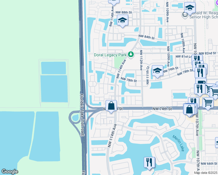 map of restaurants, bars, coffee shops, grocery stores, and more near 7742 Northwest 114th Path in Doral