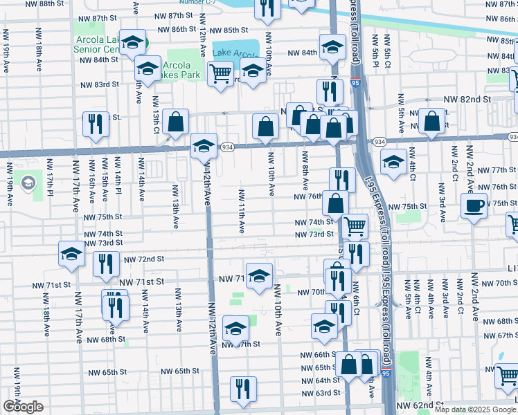 map of restaurants, bars, coffee shops, grocery stores, and more near 1043 NW 75th St in Miami