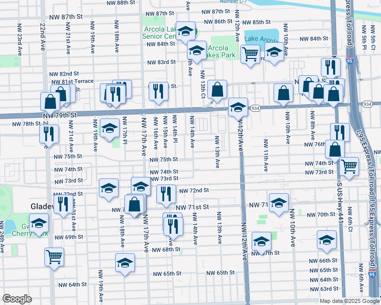 map of restaurants, bars, coffee shops, grocery stores, and more near 7510 Northwest 14th Avenue in Miami