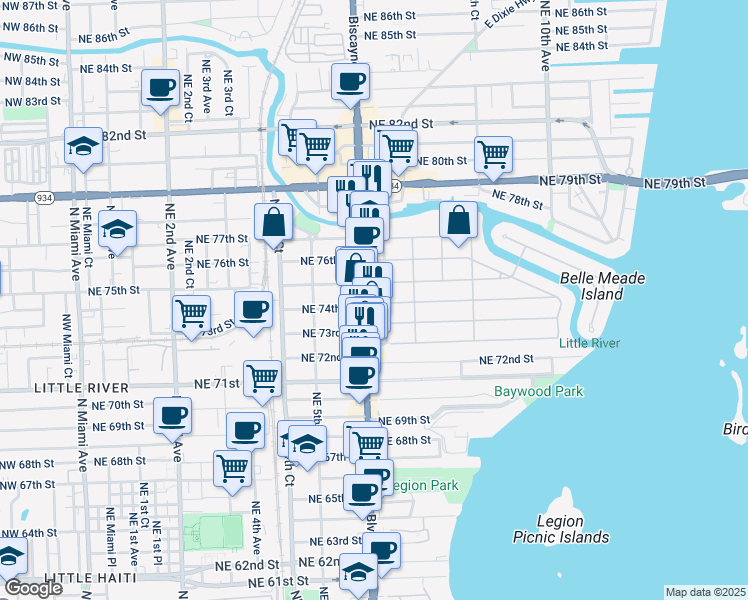 map of restaurants, bars, coffee shops, grocery stores, and more near 31 Northeast 74th Street in Miami