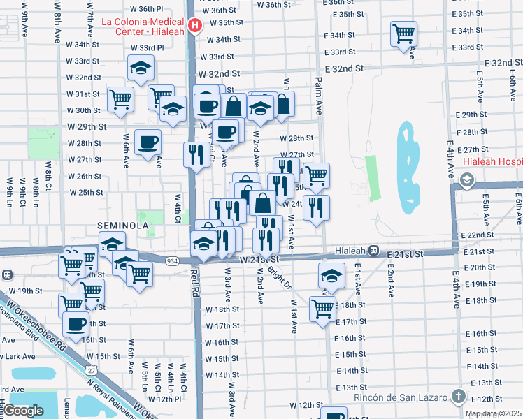 map of restaurants, bars, coffee shops, grocery stores, and more near 190a West 24th Street in Hialeah