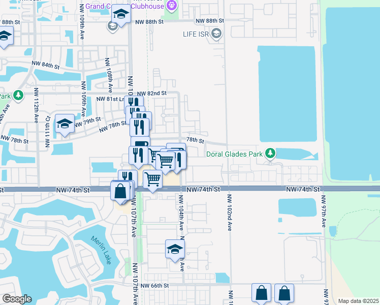 map of restaurants, bars, coffee shops, grocery stores, and more near 7651 Northwest 103rd Place in Doral
