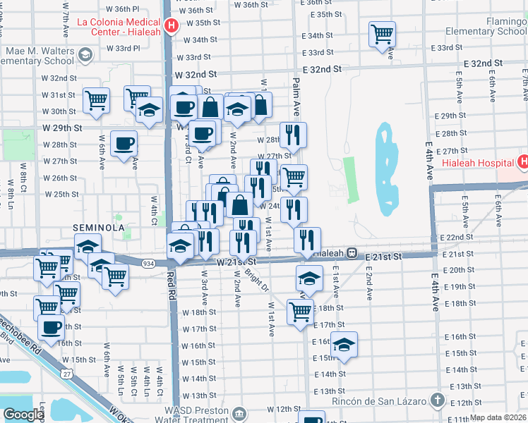 map of restaurants, bars, coffee shops, grocery stores, and more near 100 West 24th Street in Hialeah