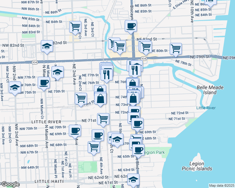 map of restaurants, bars, coffee shops, grocery stores, and more near 7410 Northeast 5th Avenue in Miami