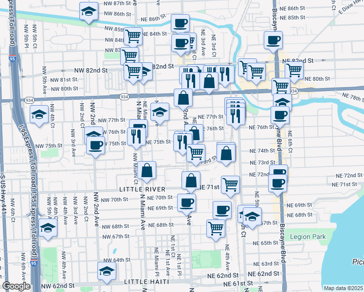 map of restaurants, bars, coffee shops, grocery stores, and more near 7426 Northeast 2nd Avenue in Miami