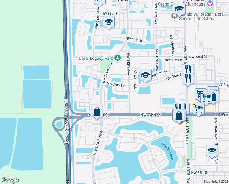 map of restaurants, bars, coffee shops, grocery stores, and more near 11280 Northwest 77th Terrace in Medley