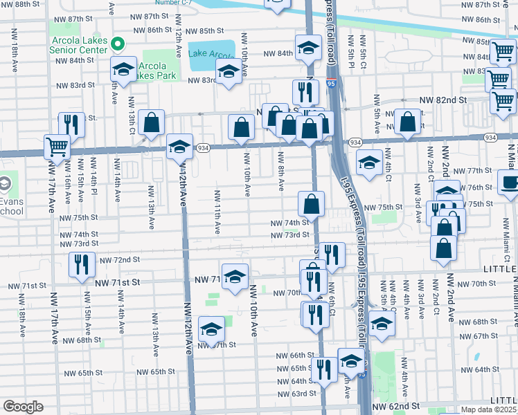 map of restaurants, bars, coffee shops, grocery stores, and more near 911 NW 75th St in Miami