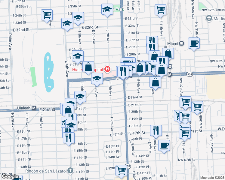 map of restaurants, bars, coffee shops, grocery stores, and more near 2345 East 7th Avenue in Hialeah