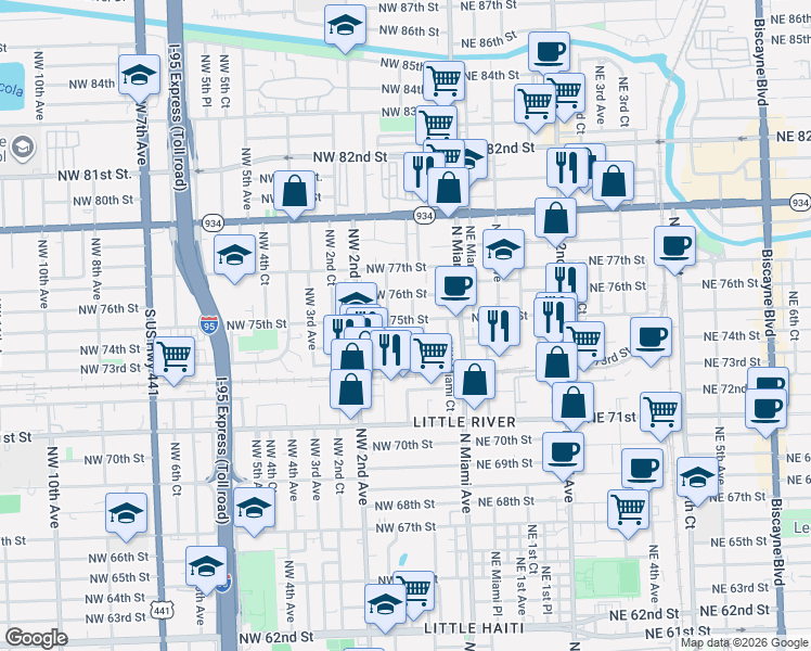 map of restaurants, bars, coffee shops, grocery stores, and more near 126 Northwest 75th Street in Miami