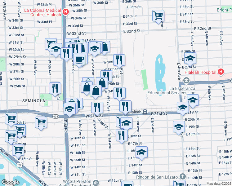 map of restaurants, bars, coffee shops, grocery stores, and more near 44 West 24th Street in Hialeah