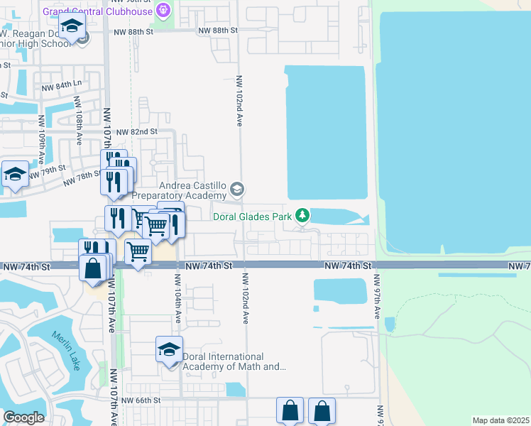 map of restaurants, bars, coffee shops, grocery stores, and more near 10064 Northwest 77th Street in Doral