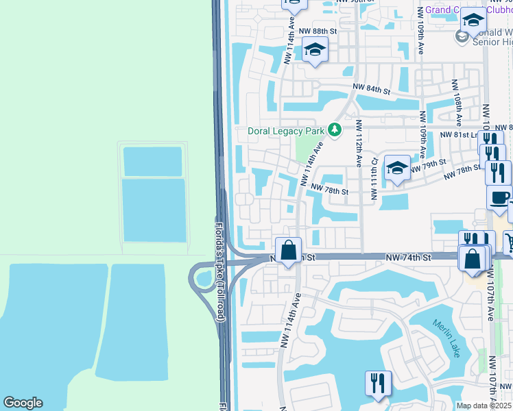 map of restaurants, bars, coffee shops, grocery stores, and more near 7716 Northwest 115th Court in Medley