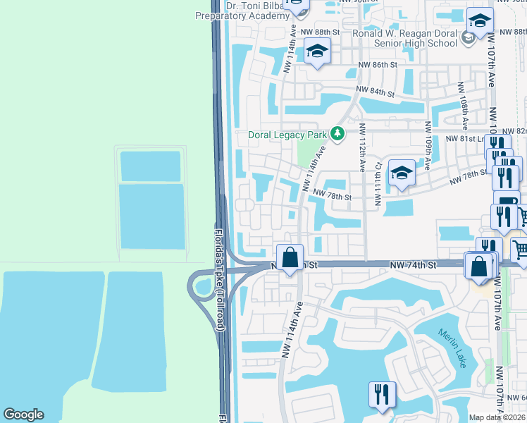 map of restaurants, bars, coffee shops, grocery stores, and more near 7716 Northwest 115th Court in Medley