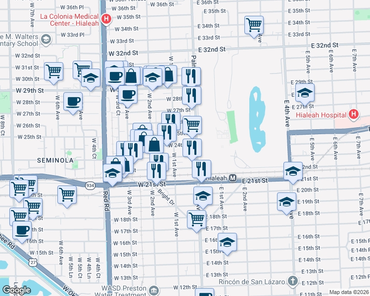 map of restaurants, bars, coffee shops, grocery stores, and more near 44 West 24th Street in Hialeah