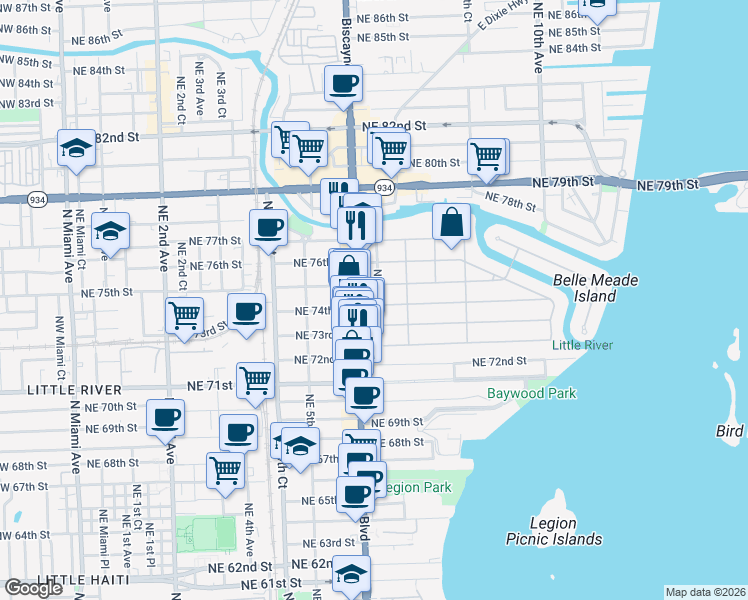 map of restaurants, bars, coffee shops, grocery stores, and more near 31 Northeast 74th Street in Miami