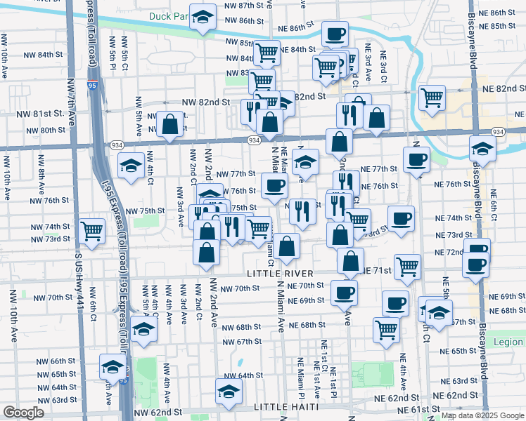 map of restaurants, bars, coffee shops, grocery stores, and more near 30 Northwest 75th Street in Miami