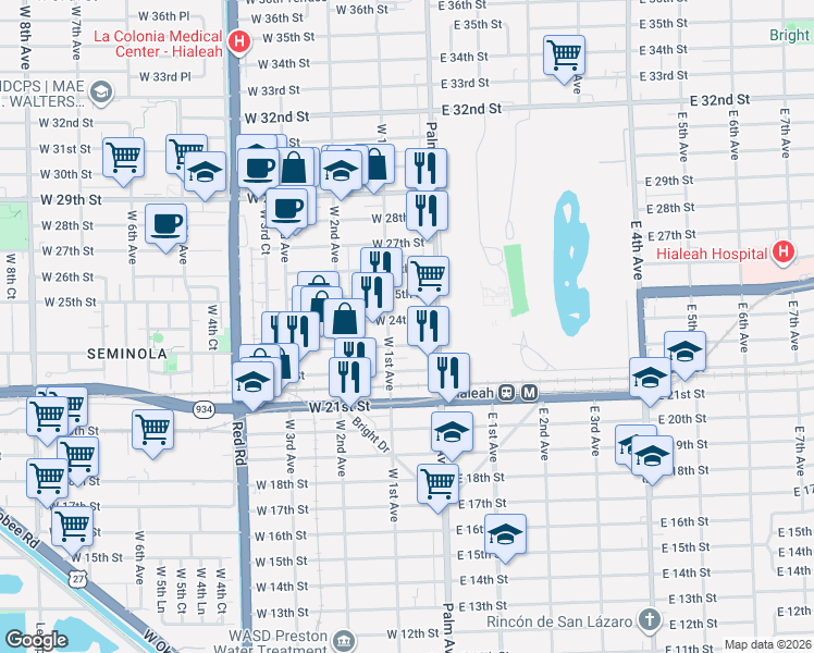 map of restaurants, bars, coffee shops, grocery stores, and more near 44 West 24th Street in Hialeah