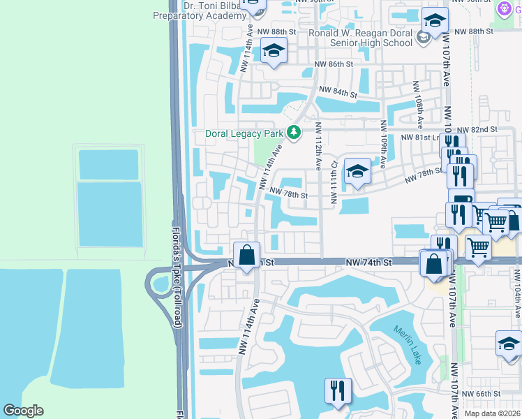 map of restaurants, bars, coffee shops, grocery stores, and more near 7754 Northwest 113th Place in Medley