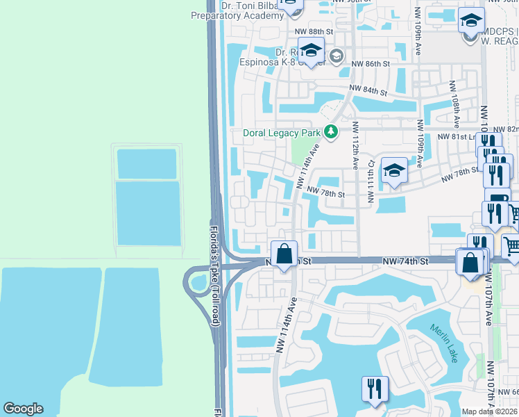 map of restaurants, bars, coffee shops, grocery stores, and more near 7716 Northwest 115th Court in Medley