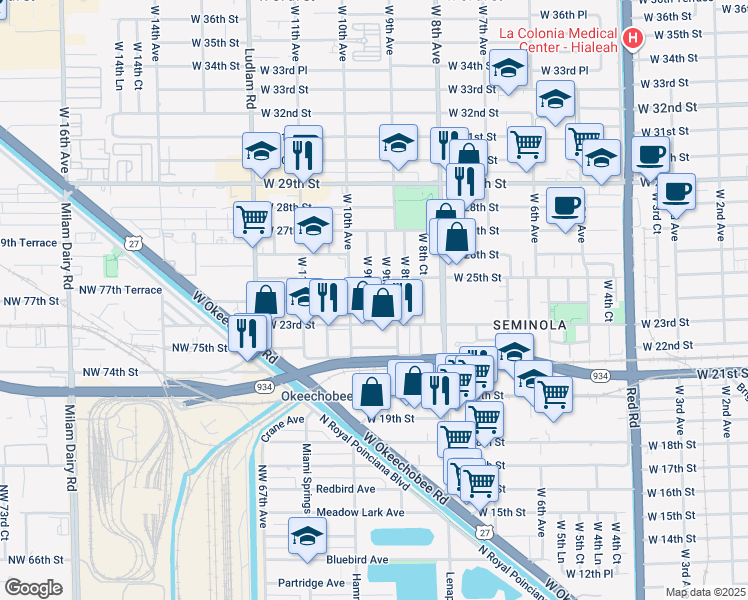 map of restaurants, bars, coffee shops, grocery stores, and more near 2405 West 9th Lane in Hialeah