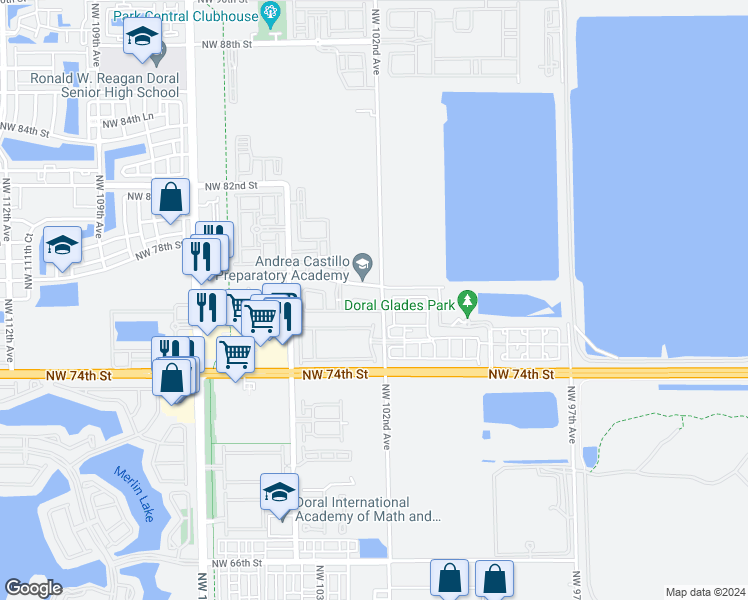 map of restaurants, bars, coffee shops, grocery stores, and more near 10221 Northwest 76th Lane in Medley