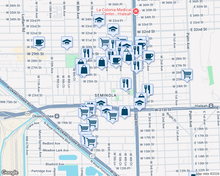 map of restaurants, bars, coffee shops, grocery stores, and more near 565 West 24th Street in Hialeah