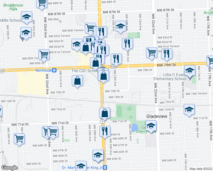 map of restaurants, bars, coffee shops, grocery stores, and more near 7570 Northwest 26th Avenue in Miami