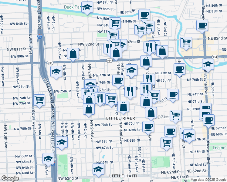 map of restaurants, bars, coffee shops, grocery stores, and more near 30 Northwest 75th Street in Miami