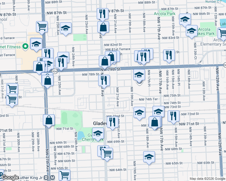 map of restaurants, bars, coffee shops, grocery stores, and more near 7508 Northwest 21st Place in Miami