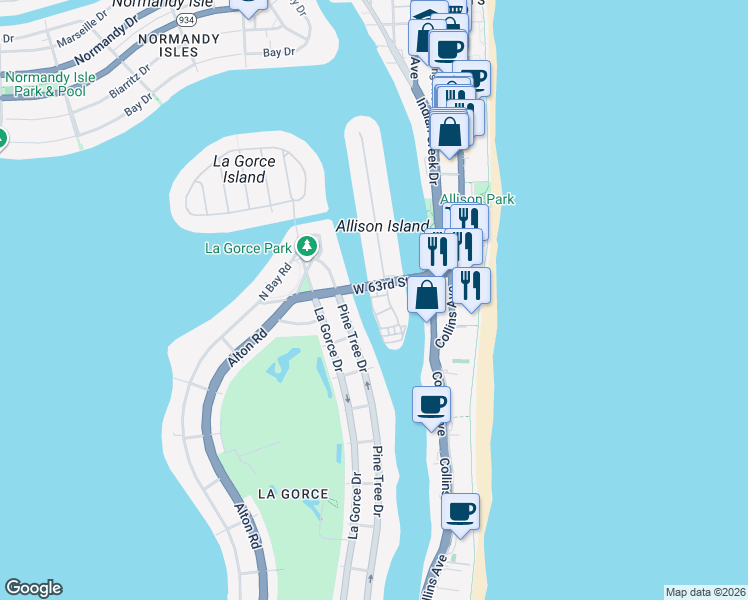 map of restaurants, bars, coffee shops, grocery stores, and more near 240 Ari Way in Miami Beach