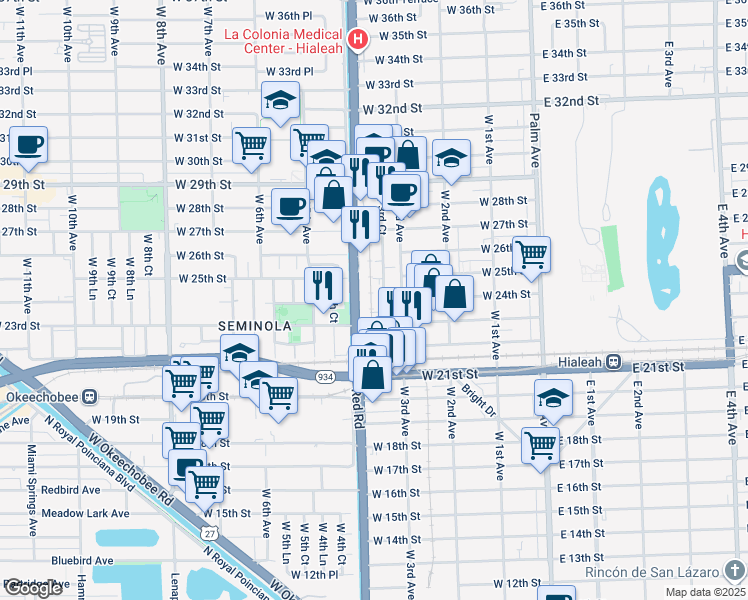 map of restaurants, bars, coffee shops, grocery stores, and more near 2400 West 3rd Court in Hialeah