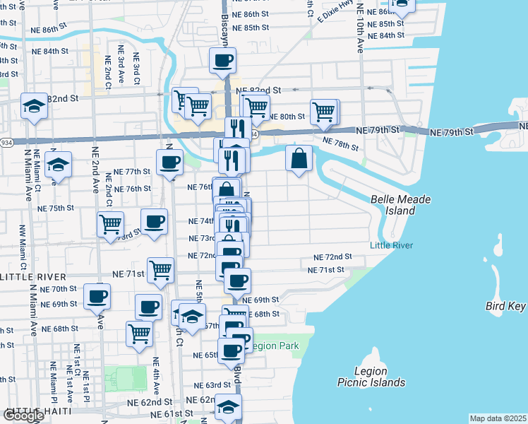 map of restaurants, bars, coffee shops, grocery stores, and more near 691 Northeast 74th Street in Miami