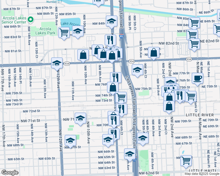 map of restaurants, bars, coffee shops, grocery stores, and more near 727 Northwest 75th Street in Miami