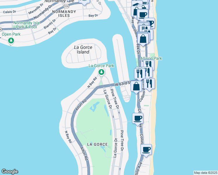 map of restaurants, bars, coffee shops, grocery stores, and more near 6180 Pine Tree Drive in Miami Beach