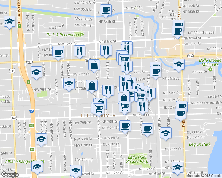 map of restaurants, bars, coffee shops, grocery stores, and more near 130 Northeast 75th Street in Miami