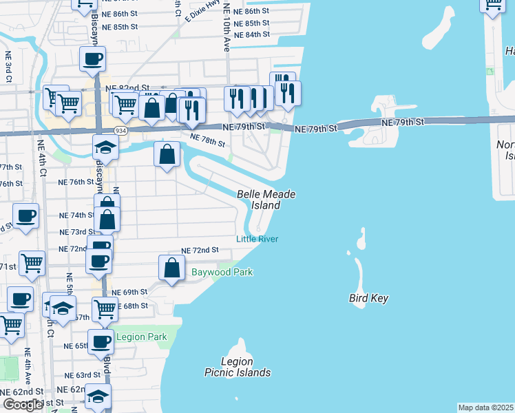 map of restaurants, bars, coffee shops, grocery stores, and more near 7350 Belle Meade Island Drive in Miami