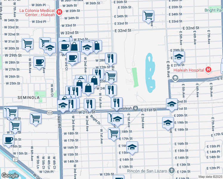 map of restaurants, bars, coffee shops, grocery stores, and more near 44 West 24th Street in Hialeah