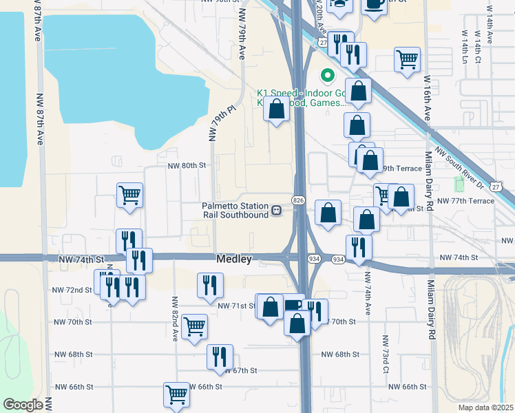 map of restaurants, bars, coffee shops, grocery stores, and more near 7701 Northwest 79th Avenue in Medley