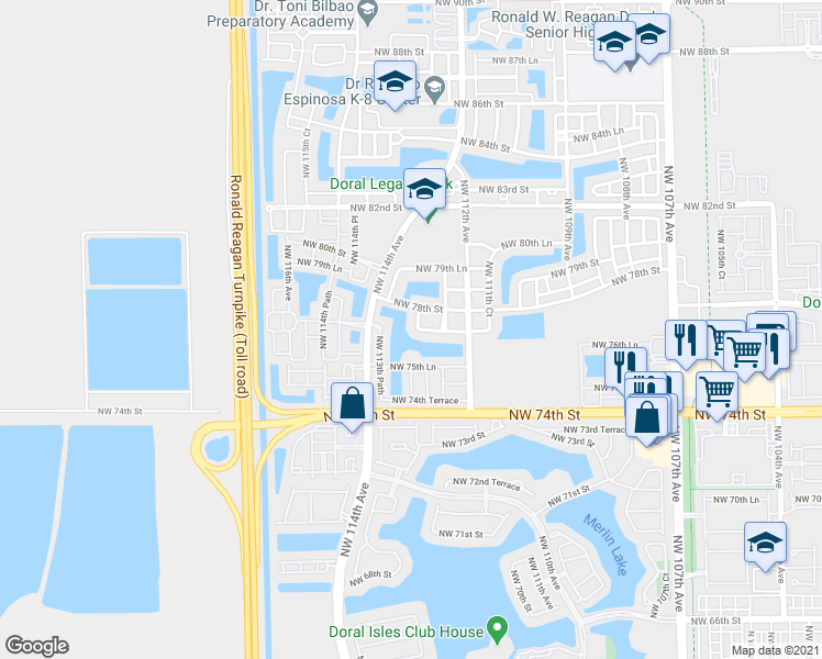 map of restaurants, bars, coffee shops, grocery stores, and more near 11280 Northwest 77th Terrace in Medley