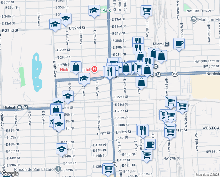 map of restaurants, bars, coffee shops, grocery stores, and more near 791 East 23rd Street in Hialeah