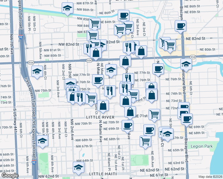 map of restaurants, bars, coffee shops, grocery stores, and more near 130 Northeast 75th Street in Miami