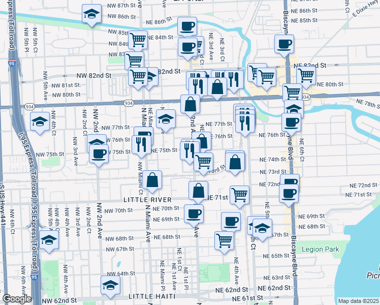 map of restaurants, bars, coffee shops, grocery stores, and more near 7426 Northeast 2nd Avenue in Miami